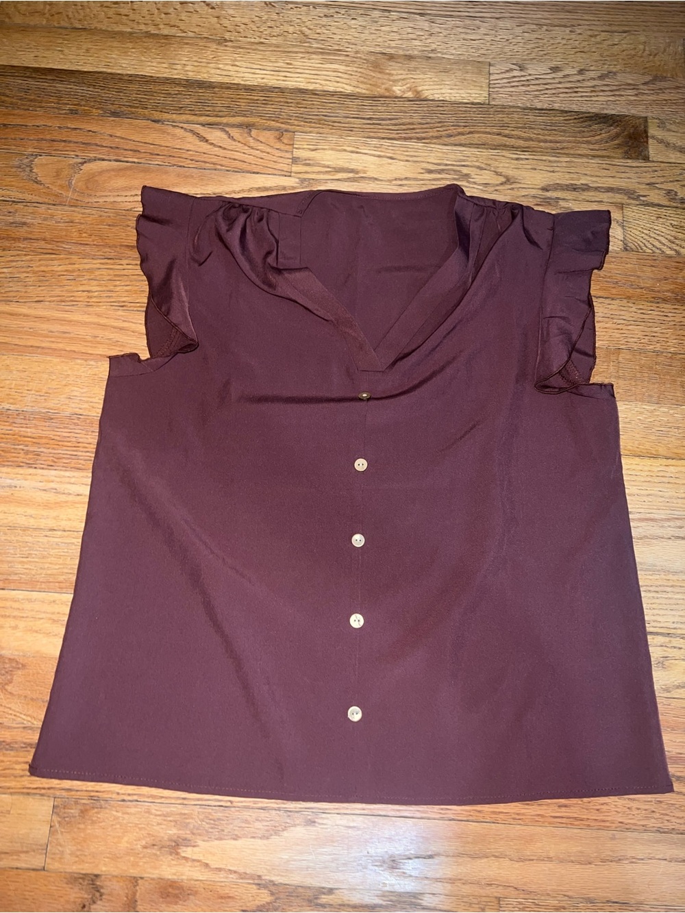 Women’s V-Neck Button Front Flutter Sleeve Top — Deep Burgundy